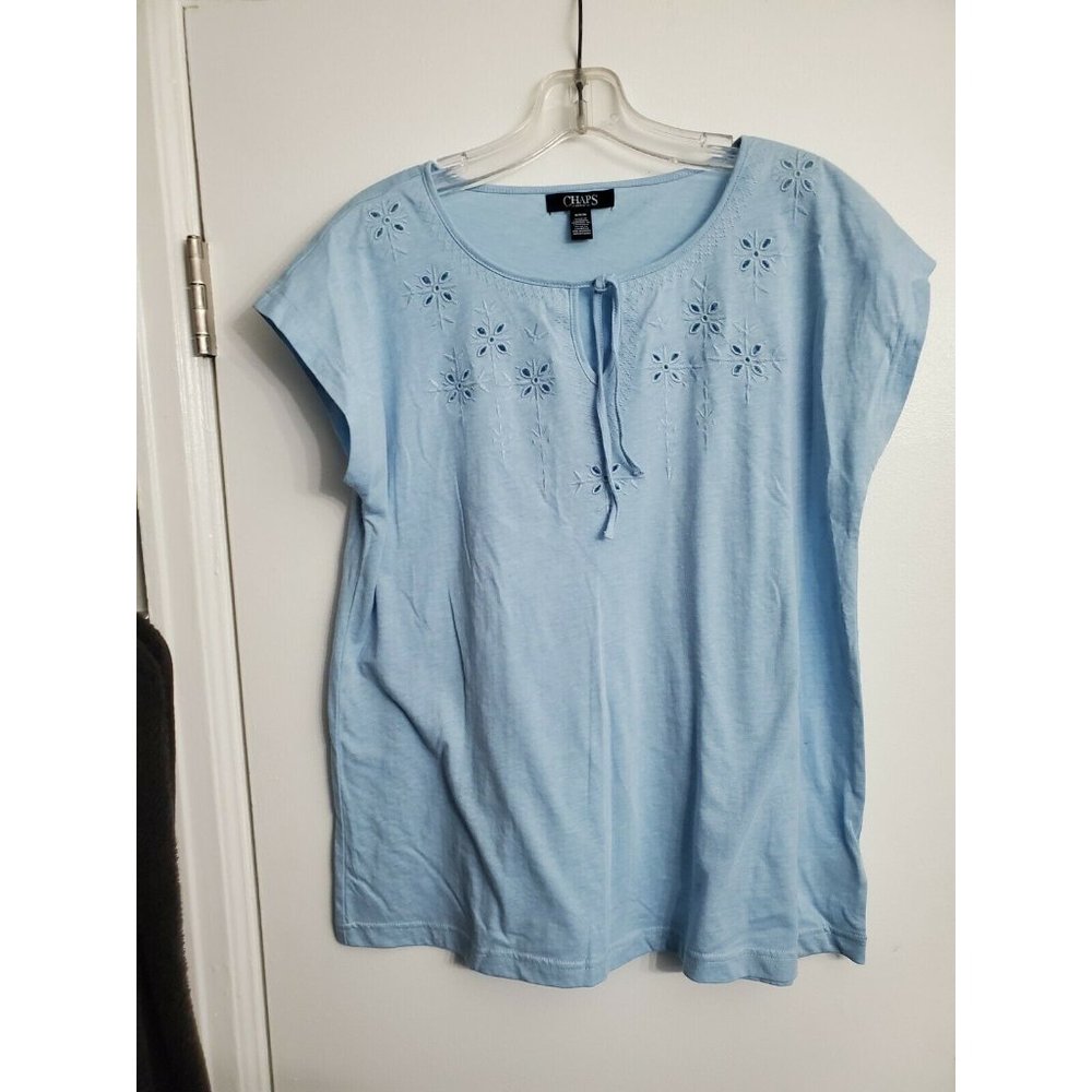 Chaps Denim M Blue Cap Sleeve Embroidered Floral